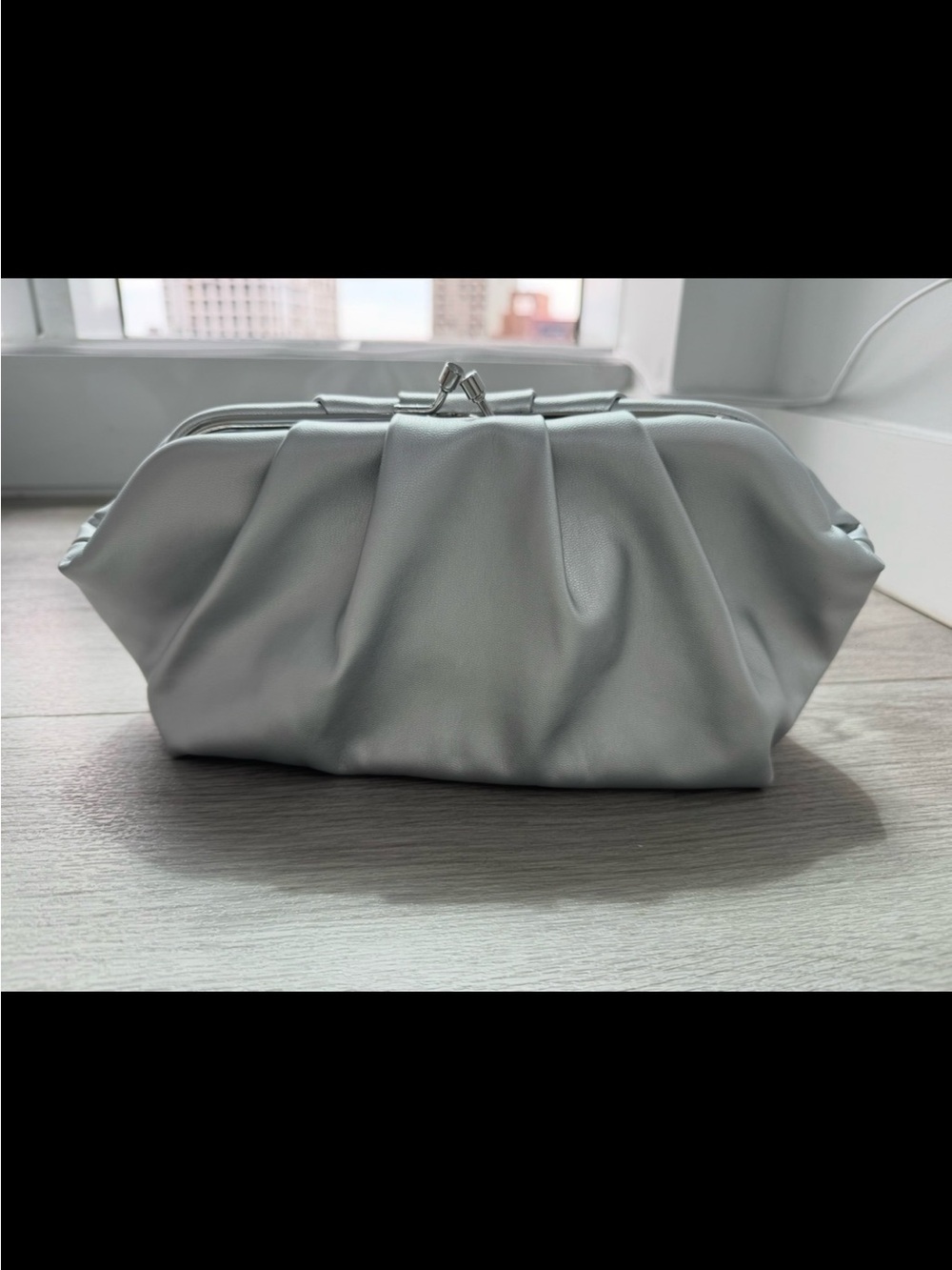 BCBG Silver Metallic Chain-Handle Pleated Evening Clutch